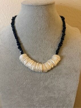 Black Tourmaline & Natural Wht Mother of Pearl/Clam Shells Pcs Bib Necklace